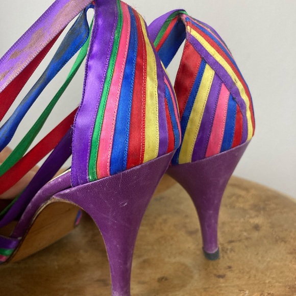 Italian Satin Rainbow Stripe Pumps with Ribbon Ties - Colorful Heels - Size 6 - Picture 3 of 10